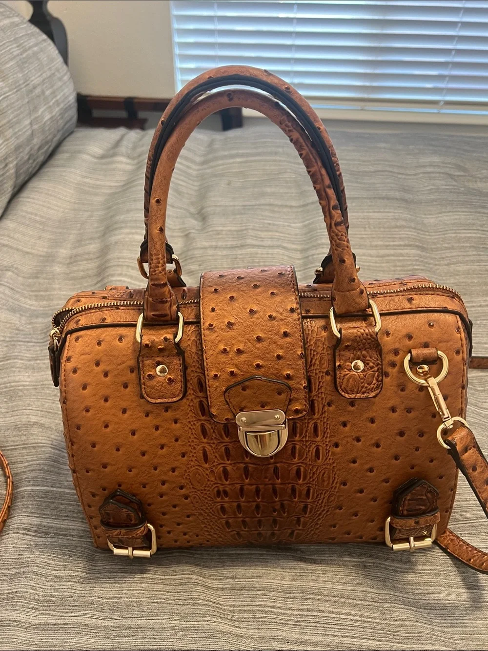 Structured Cognac Faux Ostrich & Croc Satchel with Gold Hardware